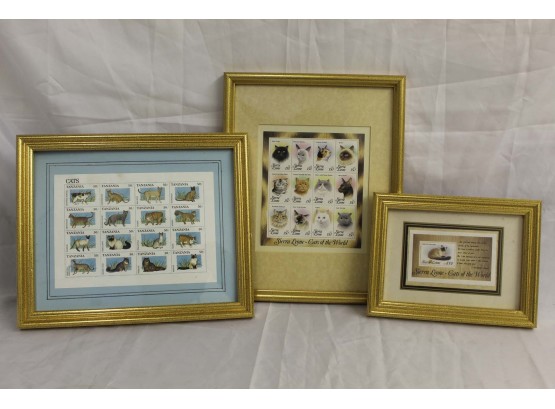 Set Of 3 Framed Cats Postage Stamps 6 X 8' & 9 X 12'