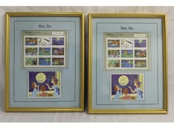 Pair Of Framed Disney Peter Pan Postage Stamps 12 X 15'