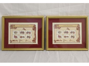 Pair Of Framed Classic Fire Engines Postage Stamps 9 X 11'