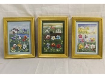 Set Of 3 Framed Flowers Postage Stamps 1 - 6 X 8'