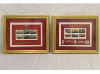 Framed Mercedez Bens & Ferrari Postage Stamps 9 X 12'