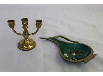Miniature Brass Candelabra & Ashtray