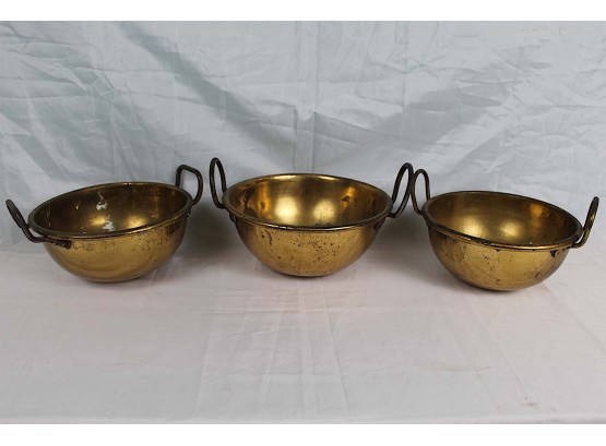 Antique Brass Cooling Pots Hand Made With Wrought Iron Loop Handles