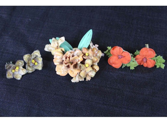 Vintage Flower Brooch & Earrings Including Pair Marked Pat Pend.
