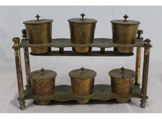 Set Of 6 Lidded Brass Cups With Stand