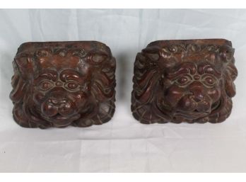 Pair Of Carved Lion Head Wall Hangings (One Is Cracked)