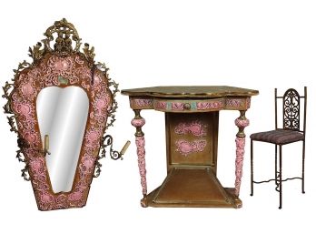 Hollywood Regency Antique Three Piece Pink & Gold Vanity Set With Cherub Lighted Mirror (See Description)