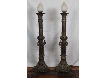 Amazing Pair Of Antique Brass Floor Lamp Candlesticks Featuring Dragon/Phoenix Feet   54' Tall