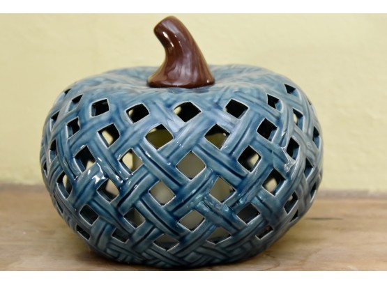 Basketweave Ceramic Pumpkin Candle Holder With Flameless Candle