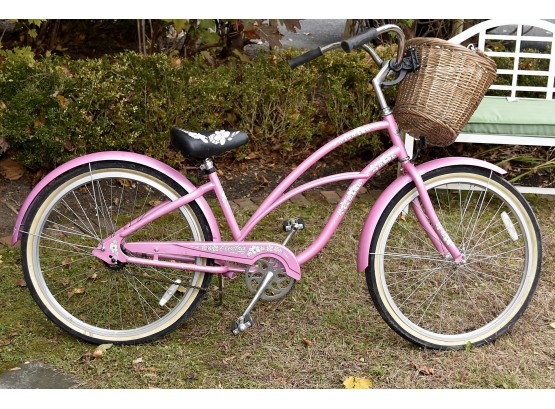 Womans Pink Beach Cruiser Bicycle With Basket