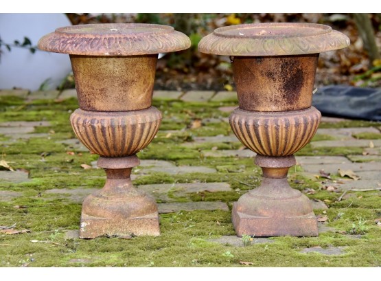 Pair Of Antique Cast Metal Outdoor Urns 11 X 14 Wonderfully Weathered And Patina