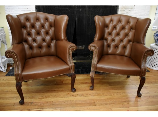 Pair Of Brown Leather Nailhead Side Chairs  31 X 24x X 38