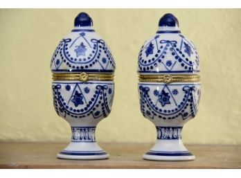 Pair Of Blue And White Trinket Boxes