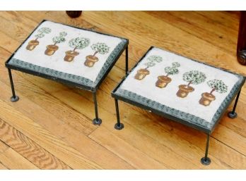 Pair Of Vintage Wrought Iron Base With Needlepoint Footstools 12 X 10 X 6