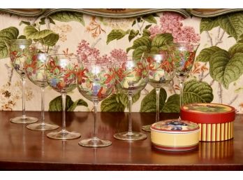 Floral Painted Stemware And Finger Plates
