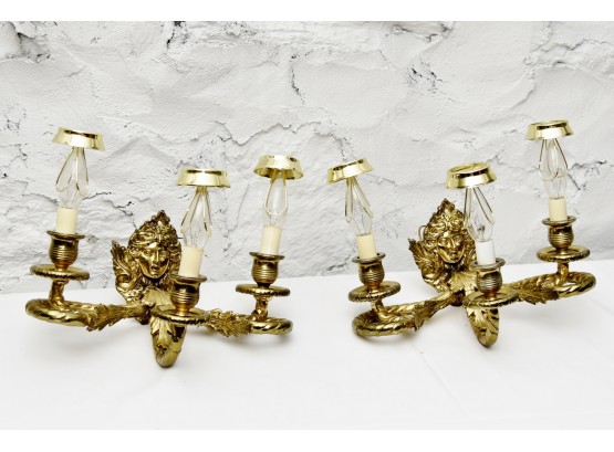 Pair Of Three Light Antique Brass Cherub Wall Sconce (Set 2)
