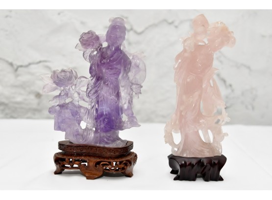 Chinese Carved Amethyst And Asian Jade Figurines