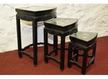 VINTAGE ORIENTAL MOTHER OF PEARL  ASIAN NESTING TABLES With BLACK LACQUER And  GLASS TOPS