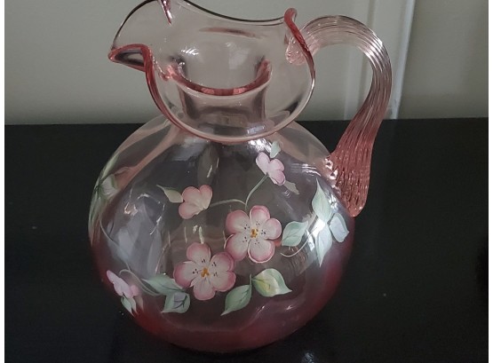 Hand Painted Fenton Cranberry Glass Pitcher Etched And Signed Item #43