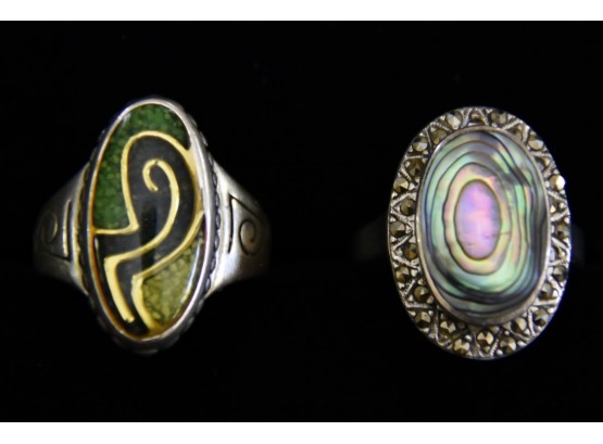 Pair Of Psychedelic Funky Stone Sterling Rings Jewelry Lot #13