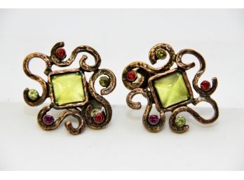 Cecile Jeanne Harris Copper And Green Clip On Earrings