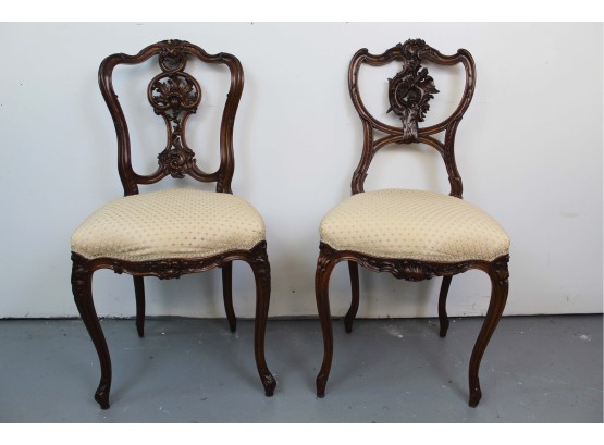 Pair Of Carved Mahogany Dagger Back Side Chairs With Cream Colored Seats 16L X 16W X 34H