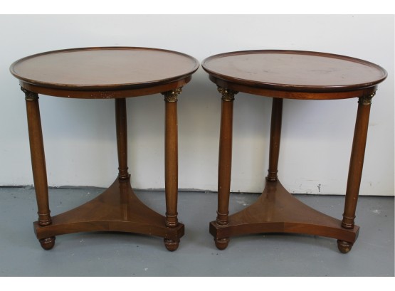 Pair Walnut With Brass Accent Three Leg Side Tables 25 W X 26 H