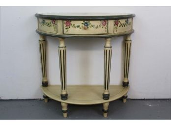 Hand Painted Floral Design Green Trim Half Circle Entry Table With Drawer 31L X 14W X 31H