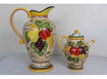 Large Hand Painted Pitcher & Teapot With Fruit Design