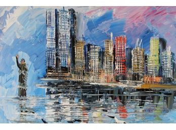 RARE Original Morris Katz 'NYC' Oil On Board With WTC And Statue Of Liberty 38 X 32