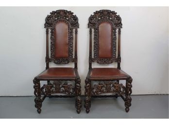 Pair Of Finely Carved 19th Century Figural Walnut Italian Renaissance Tall Back Chairs 22L X 18W X 49H