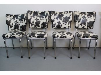 Set Of 4 Chrome Leg Chairs With Cow Print Covers (Read) 15L X 16W X 31H