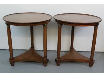 Pair Walnut With Brass Accent Three Leg Side Tables 25 W X 26 H