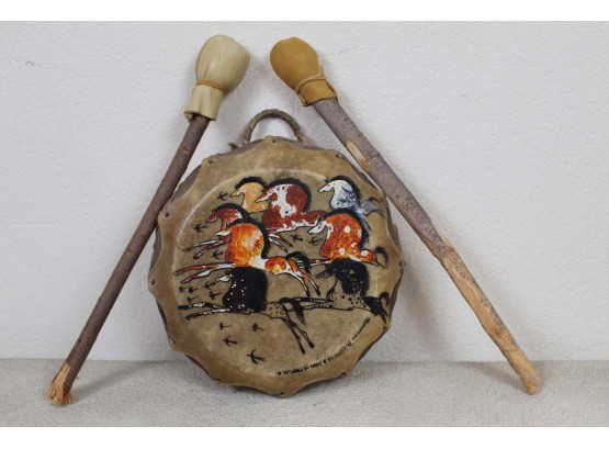 Hand Painted Navajo Tribe Ceremonial Drum With Drumsticks #2 By Guillermo Rosette