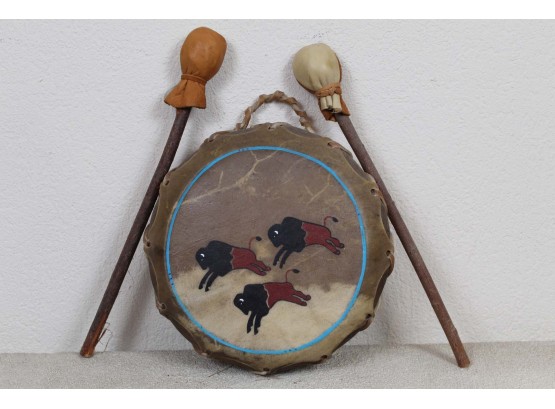 Hand Painted Navajo Tribe Ceremonial Drum With Drumsticks #1