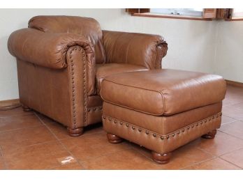 Oversized  Klaussner Brown Leather Nailhead Chair & Ottoman Retail $2500 ( 2 Of 2) (Bring Help To Remove)