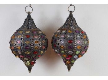 Pair Of Jeweled Hanging Lanterns - 36' Drop, 16' Globe