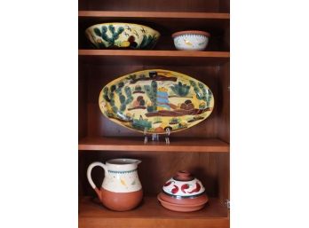 Hand Painted Southwestern Ceramic/Clay Serving Pieces Including Tortilla Warmer