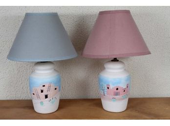 Pair Of 20' Hand Painted Southwestern Clay Lamps