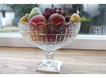 Lead Crystal Glass Pedestal Bowl With Sugar Beaded Faux Fruit