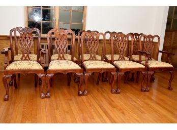 Set 10 Mahogany Carved Ball & Clawfoot Dining Chairs Including 2 Captains Chairs 21L X 28W X 40H