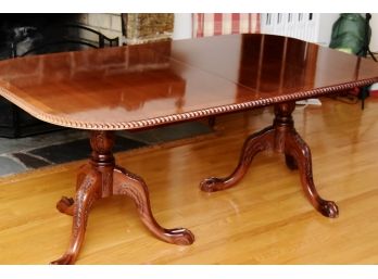 Dual Pedestal Flame Mahogany Banded Dining Table 76.5LX 44W X 31H (Two 18.5” Leaves, Bring Help To Remove)