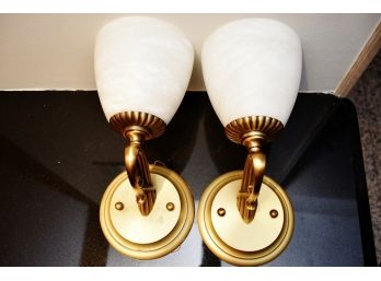 Pair Of Bronze Wall Sconces With Marbleized Glass Shades