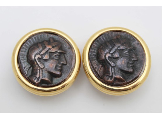 Bijoux Cascio Gold Gilt Coin/Brown Signet Earrings