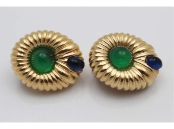 Ciner Green & Blue Glass Stone Gold Gilt Earrings