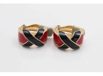 Ciner Red, Black & Gold Gilt X Hoop Earrings