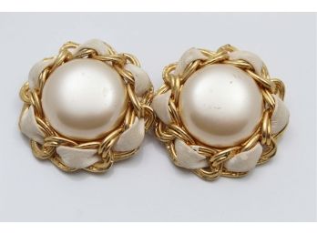 Ciner White Leather & Pearl Chanel-Style Earrings