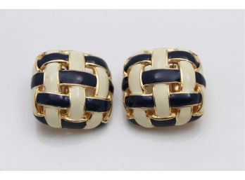 Ciner Navy & White Weaving Gold Earrings