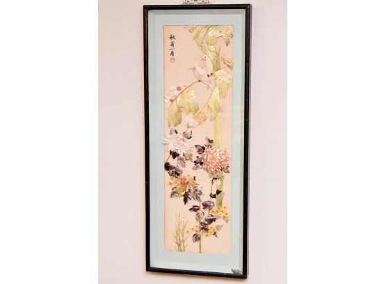 'Spring' Asian Shadowbox With Carved Mother Of Pearl And Natural Gemstones  14 X 36
