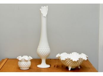 Fenton Hobnail Milk Glass Collection (Small Bowl Has Small Chip)